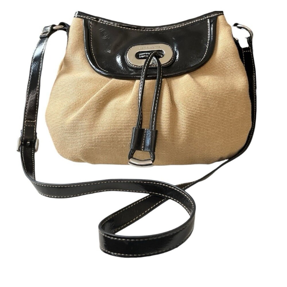 Liz Claiborne Burlap Crossbody Bag Purse Faux Black Patent 12 x 9" READ